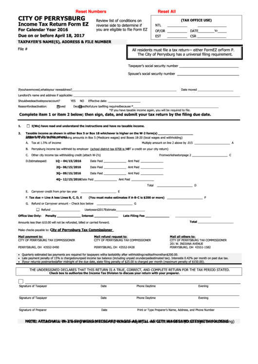 Fillable Form Ez - Income Tax Return - City Of Perrysburg - 2016 Printable pdf