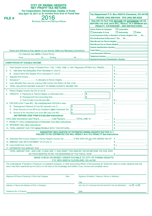 Net Profit Tax Return Form - City Of Parma Heights, Ohio Printable pdf