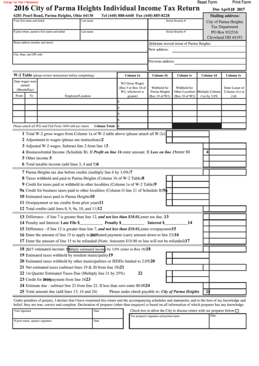 Fillable City Of Parma Heights Individual Income Tax Return Form - Tax Department Printable pdf