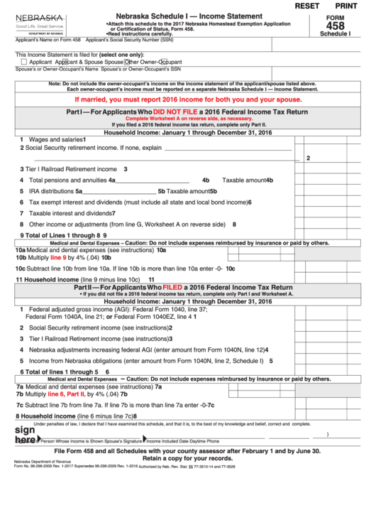 Fillable Form 458 - Nebraska Schedule I - Income Statement - 2017 Printable pdf