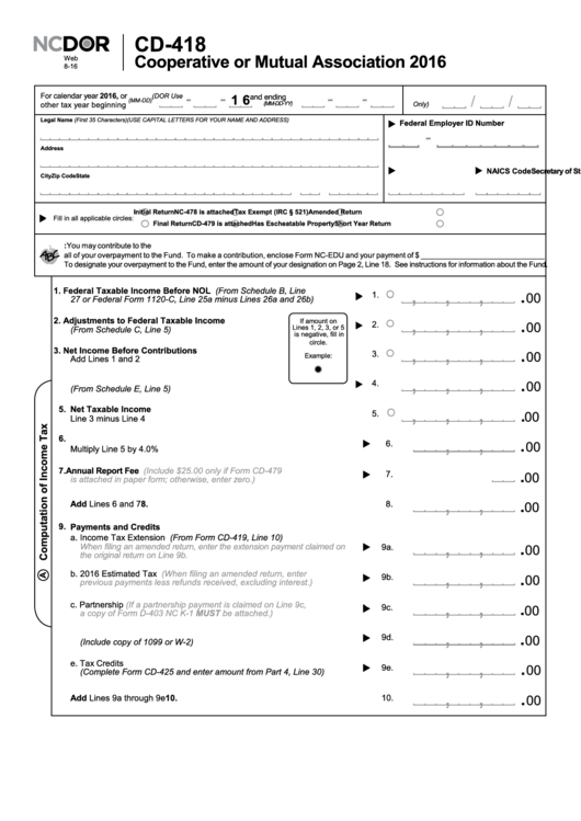 Form Cd-418 - Cooperative Or Mutual Association - 2016 Printable pdf
