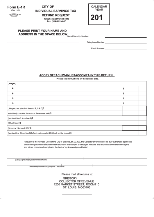 Fillable Form E-1r - Individual Earnings Tax Refund Request November - 2016 Printable pdf