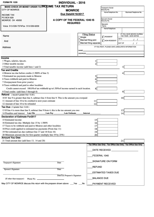 Fillable Form Fr 1229 - Individual Income Tax Return - Monroe - 2016 Printable pdf