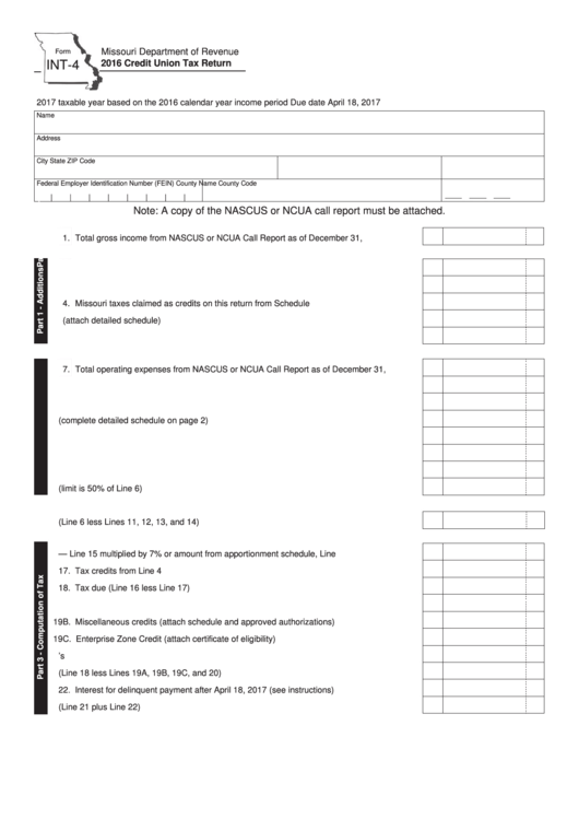 Fillable Form Int-4 - Credit Union Tax Return - 2016 Printable pdf