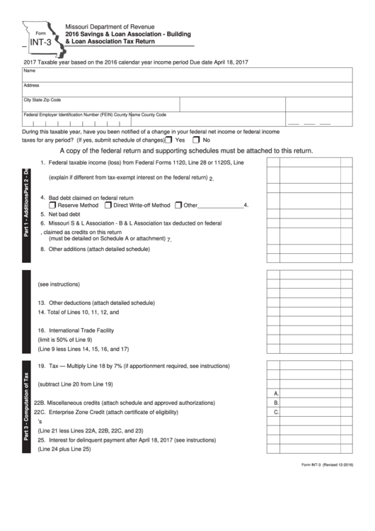 Fillable Form Int-3 - Savings & Loan Association - Building & Loan Association Tax Return - 2016 Printable pdf