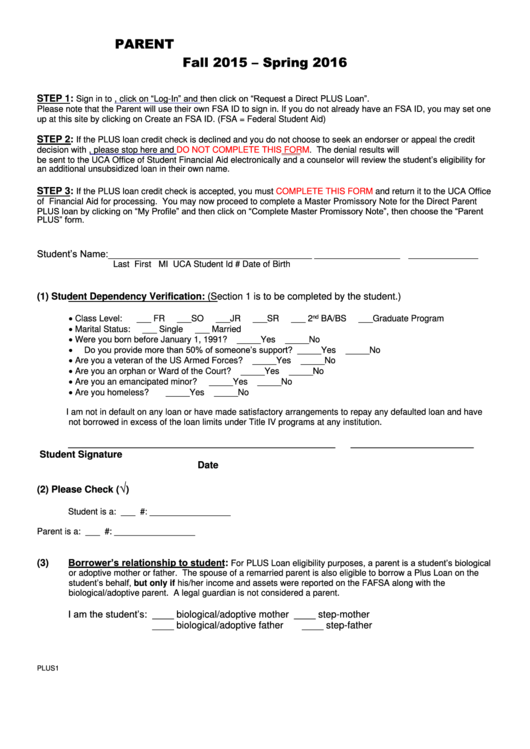 Parent P.l.u.s. Loan Pre-Application Form Printable pdf