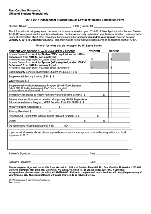 Fillable Independent Student/spouse Low Or No Income Verification Form Printable pdf