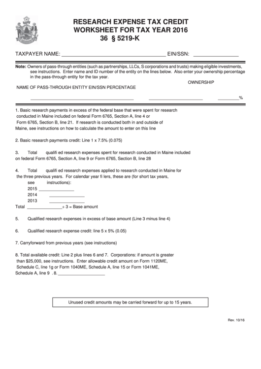 Research Expense Tax Credit Worksheet For Tax Year - 2016 Printable pdf