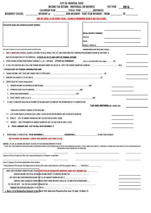 Income Tax Return - Individual Or Business Form - City Of Ironton, Ohio Printable pdf