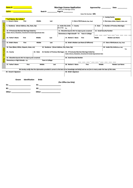 Fillable Marriage License Application Form Printable pdf