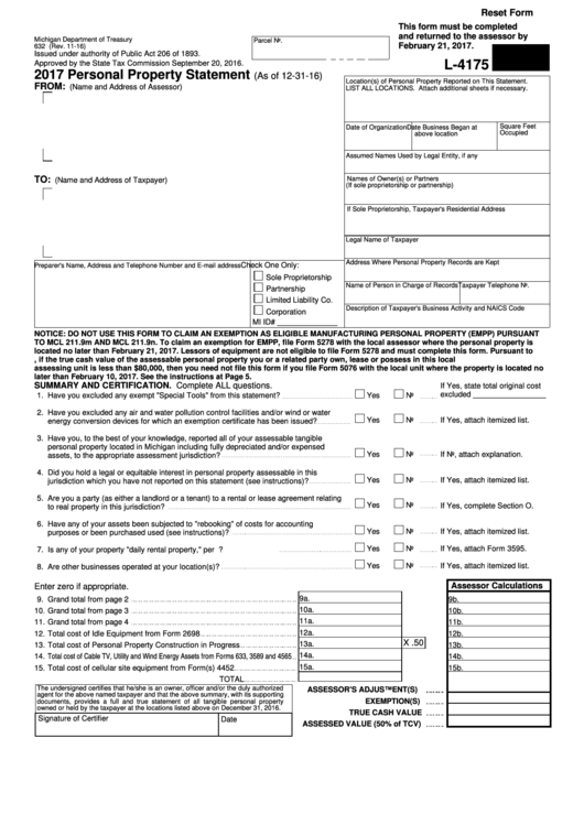Fillable Form L-4175 - Personal Property Statement - 2017 Printable pdf
