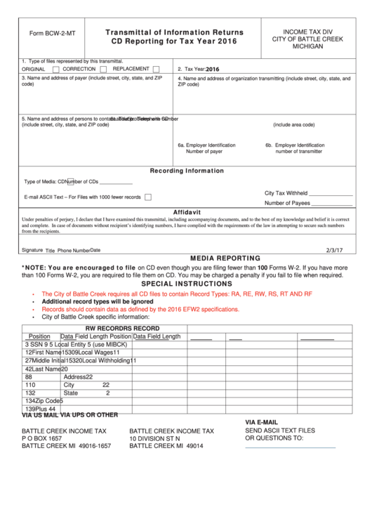 Form Bcw-2-Mt - Transmittal Of Information Returns Cd Reporting - 2016 Printable pdf