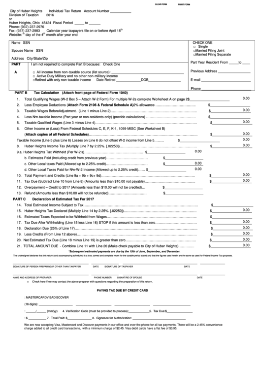 Fillable Individual Tax Return Form - City Of Huber Heights - Division Of Taxation - 2016 Printable pdf