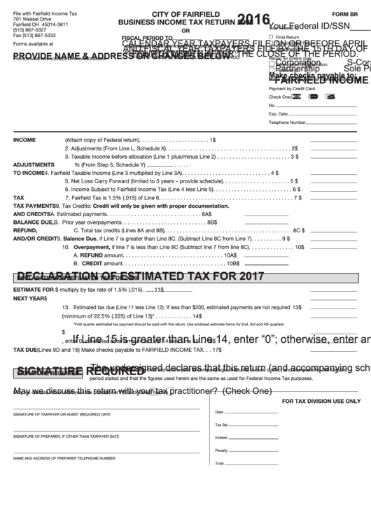 Form Br - City Of Fairfield Business Income Tax Return - 2016 Printable pdf