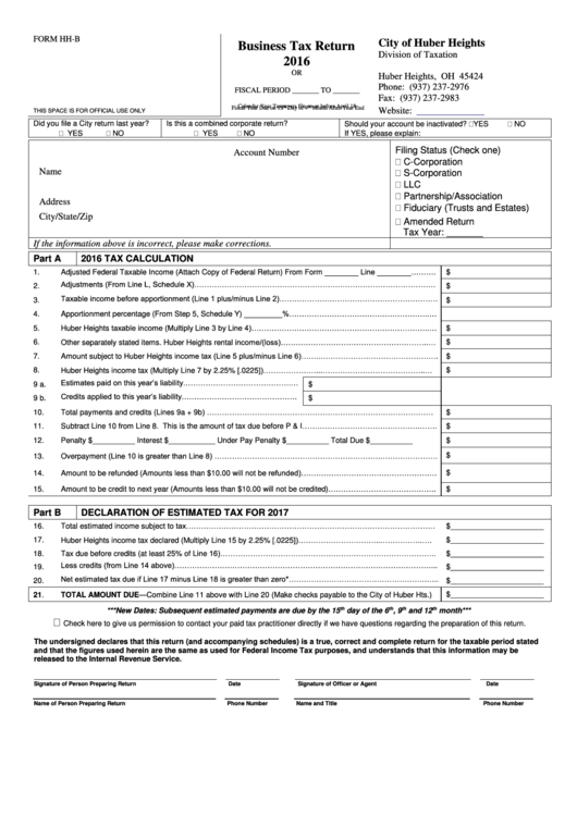 Form Hh-B - Business Tax Return - City Of Huber Heights - 2016 Printable pdf