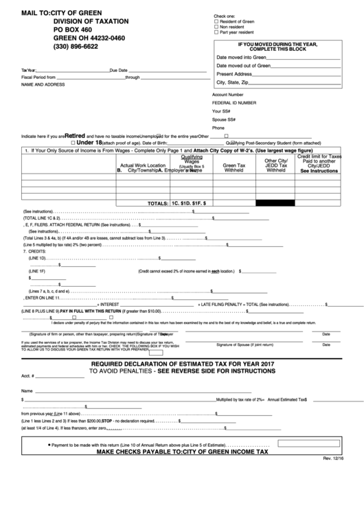 Declaration Of Estimated Tax - City Of Green Division Of Taxation Printable pdf