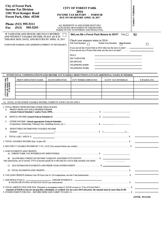 Form Ir - Income Tax Return - City Of Forest Park - Income Tax Division Printable pdf
