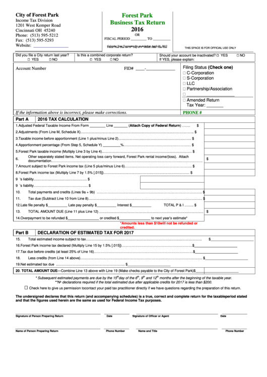 Business Tax Return - City Of Forest Park - 2016 Printable pdf