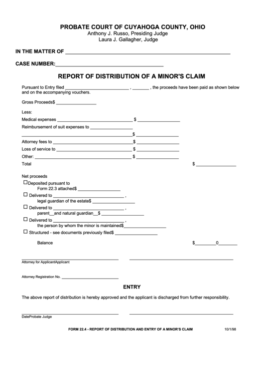 Fillable Form 22.4 - Report Of Distribution And Entry Of A Minor