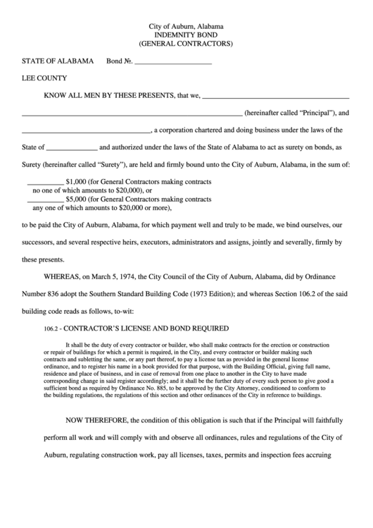 Indemnity Bond Form - City Of Auburn, Alabama Printable pdf