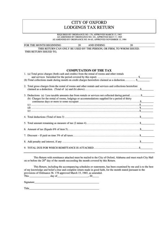 Lodging Tax Return Form - City Of Oxford Printable pdf