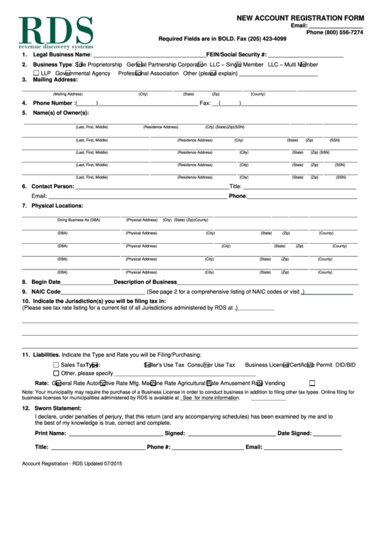 Fillable Rds New Account Registration Form - Alabama Printable pdf