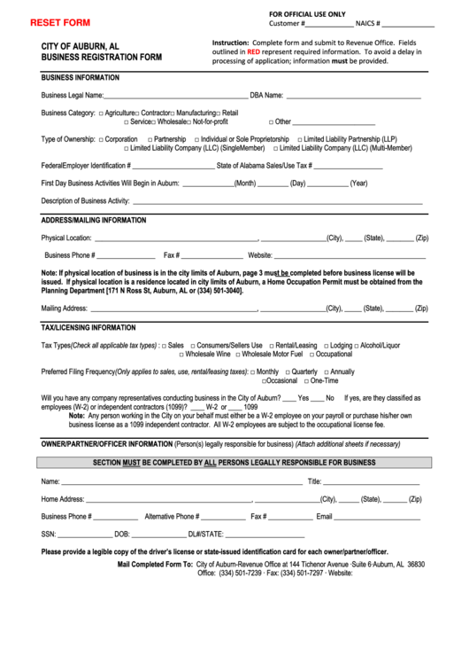 Fillable Business Registration Form - City Of Auburn, Al printable pdf ...