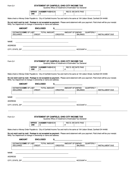 Fillable Form Q-1 - Statement Of Canfield, Ohio City Income Tax Printable pdf