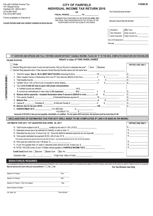 Form Ir - Individual Income Tax Return - City Of Fairfield - 2016 Printable pdf