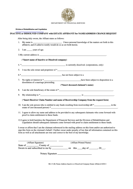 Inactive Or Dissolved Company With Estate Affidavit For Name/address Change Request Form Printable pdf