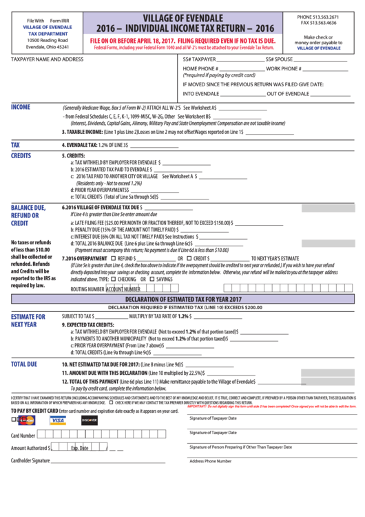 Fillable Individual Income Tax Return Form - Village Of Evendale - 2016 Printable pdf