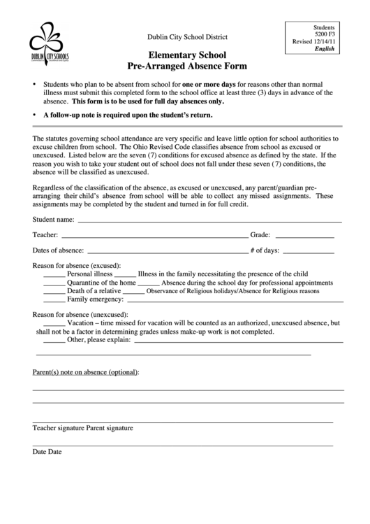 Fillable Elementary School Pre-Arranged Absence Form Printable pdf