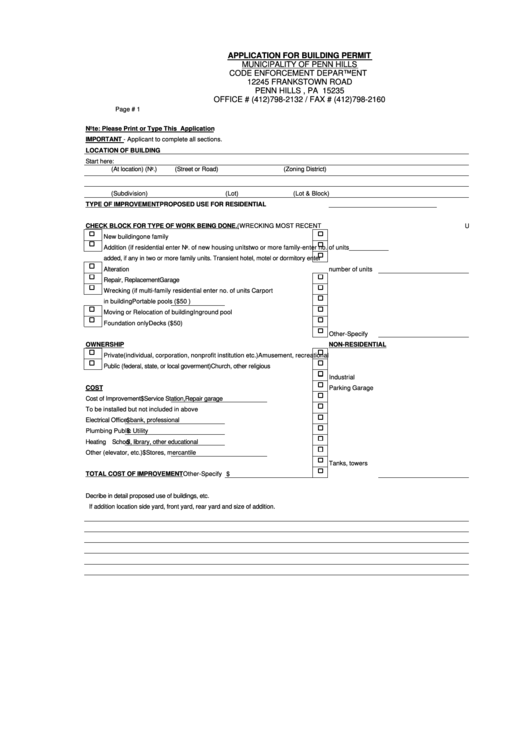 Building Permit Application Form Printable pdf