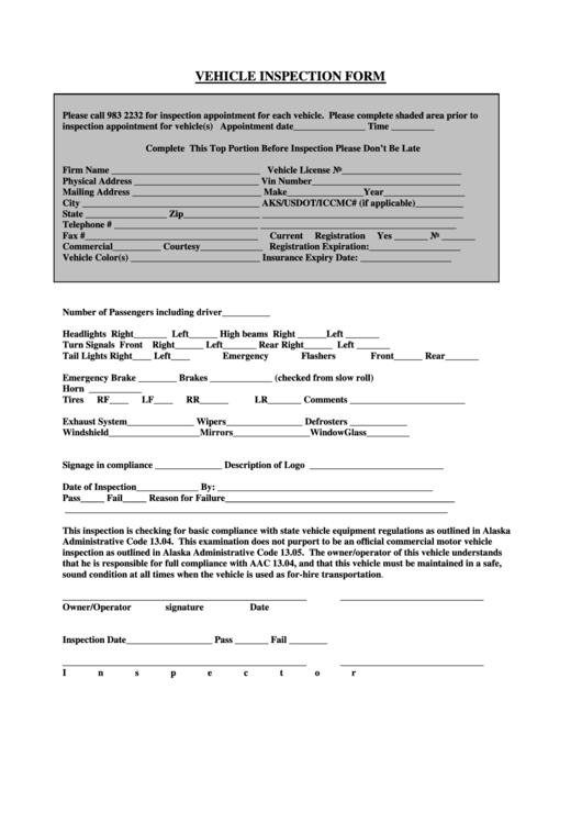 Vehicle Inspection Form Printable pdf