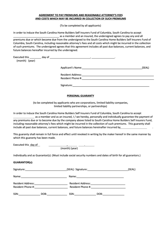 Agreement To Pay Premiums And Personal Guaranty Form Printable pdf