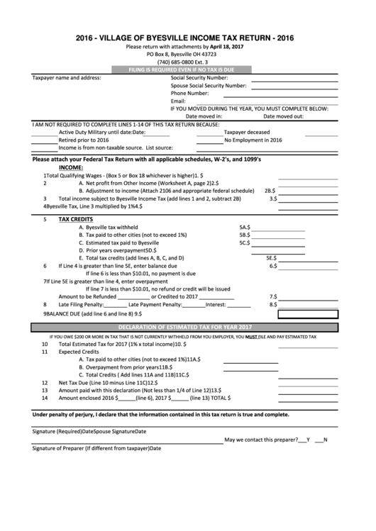 Village Of Byesville Income Tax Return Form - 2016 Printable pdf