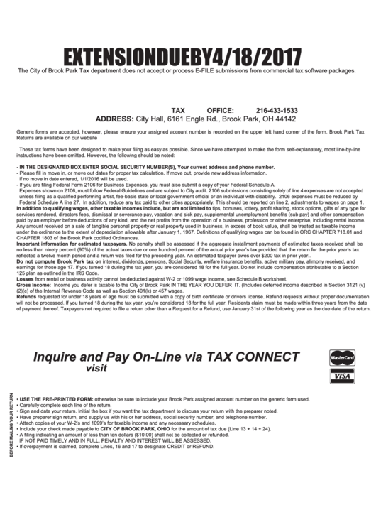 Income Tax Form - City Of Brook Park - 2016 Printable pdf