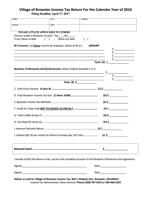 Income Tax Return - Village Of Brewster - 2016 Printable pdf