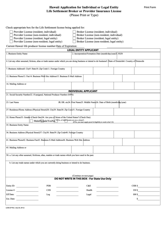 Hawaii Application For Individual Or Legal Entity Life Settlement Broker Or Provider Insurance License Form