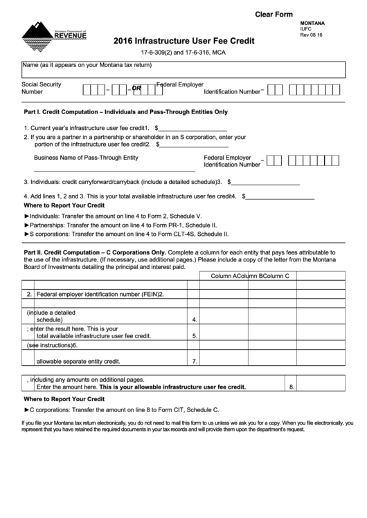 Fillable Montana Form Iufc - Infrastructure User Fee Credit - 2016 Printable pdf