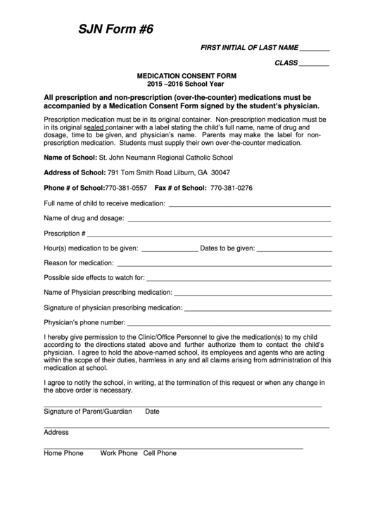 Sjn Form 6 - Medication Consent Form Printable pdf