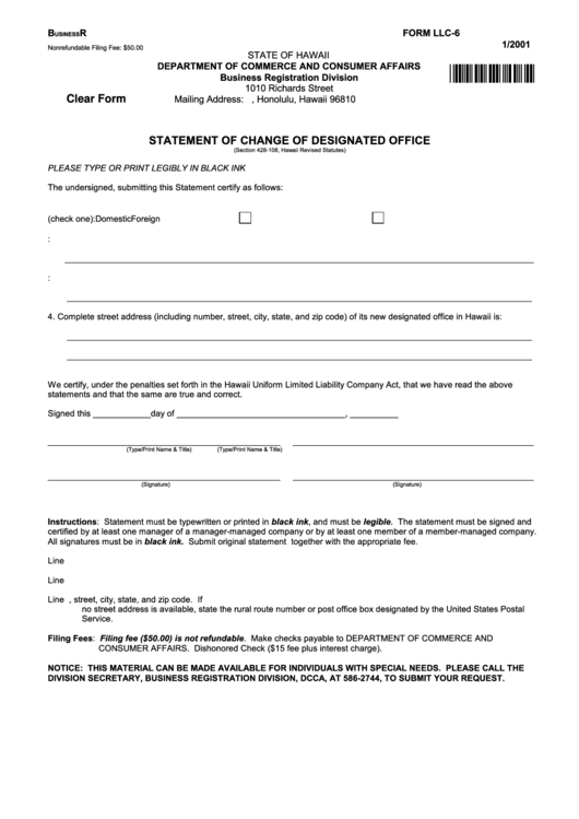 Fillable Form Llc-6 - Statement Of Change Of Designated Office - 2001 Printable pdf