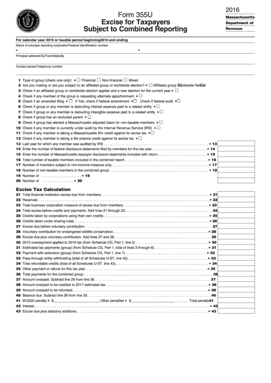Form 355u - Excise For Taxpayers - Subject To Combined Reporting - 2016 Printable pdf