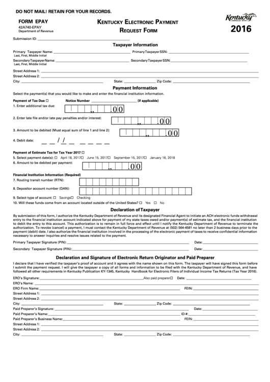 Form 42a740-epay - Electronic Payment Request Form - Department Of Revenue - 2016