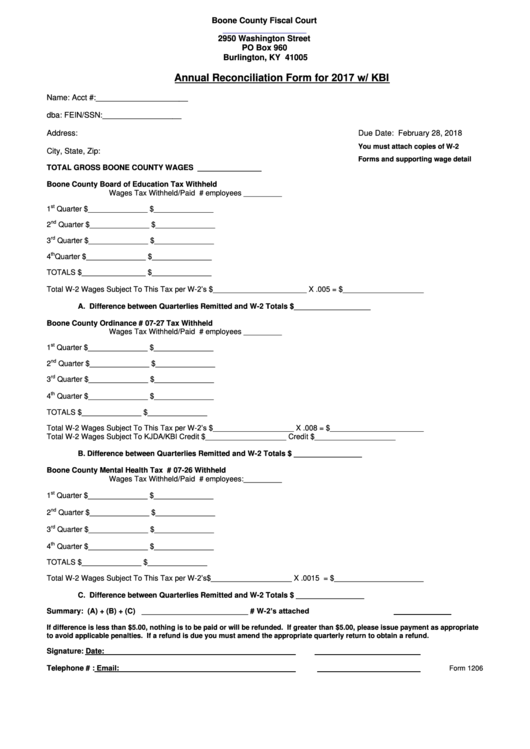 Fillable Form 1206 - Annual Reconciliation Form W/ Kbi - 2017 Printable pdf