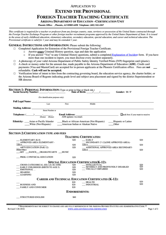 Application To Extend The Provisional Foreign Teacher Teaching Certificate Form Printable pdf