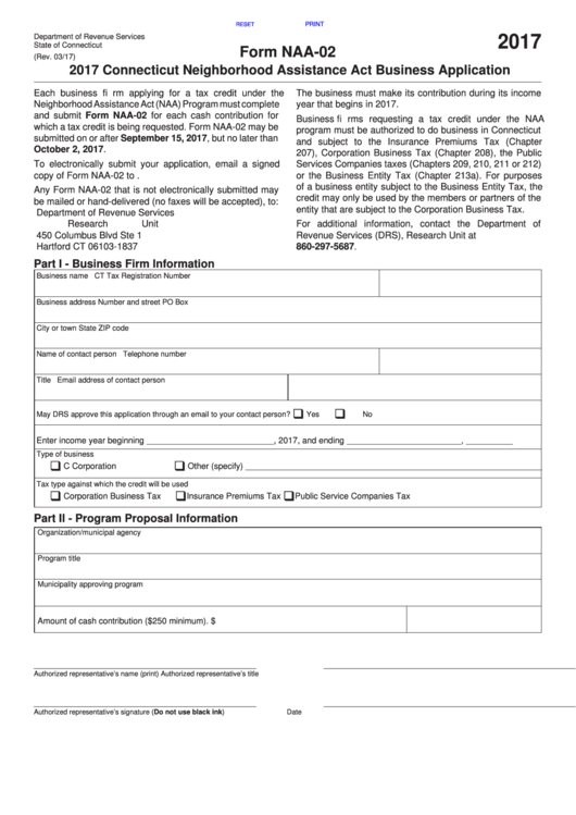Fillable Form Naa-02 - Connecticut Neighborhood Assistance Act Business Application - 2017 Printable pdf