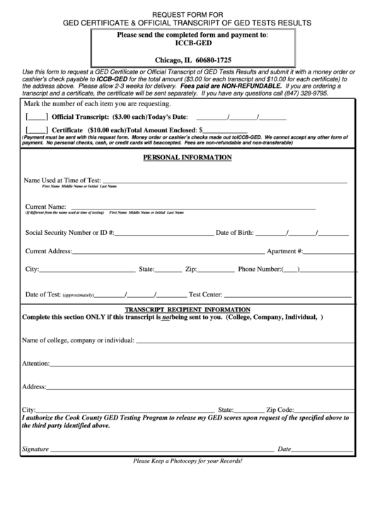 Request Form For Ged Certificate & Official Transcript Of Ged Tests Results Form Printable pdf