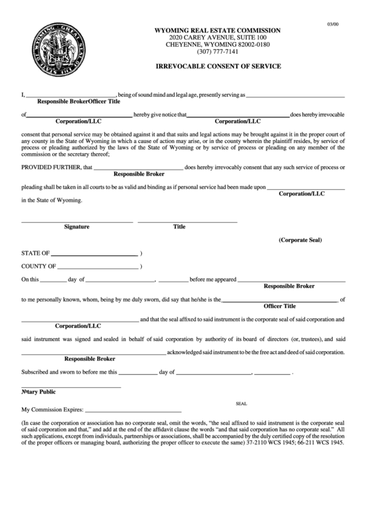 Irrevocable Consent Of Service Form - 2000 Printable pdf