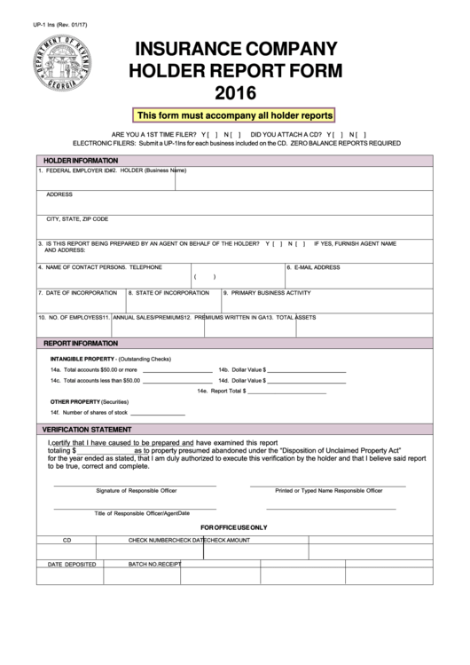 Fillable Form Up-1 Ins - Insurance Company Holder Report Form - 2016 Printable pdf